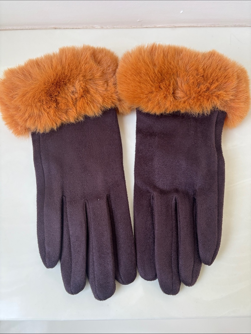 Plush Cuff Faux-Suede Women's Gloves in Chocolate Brown and Orange